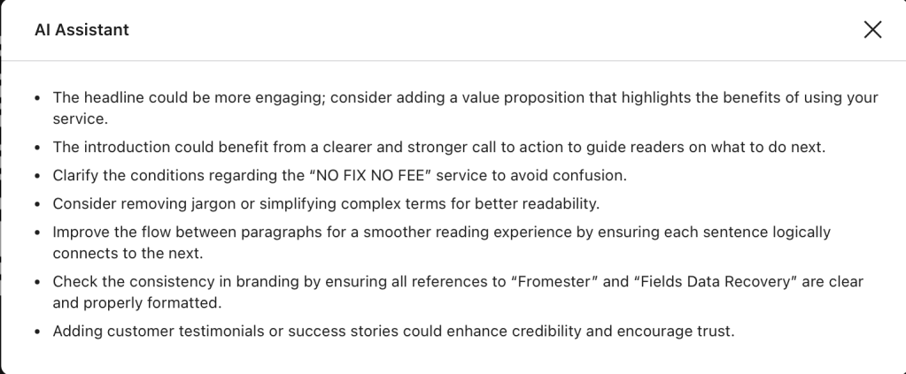 Fields Data Recovery AI Suggested Page Changes